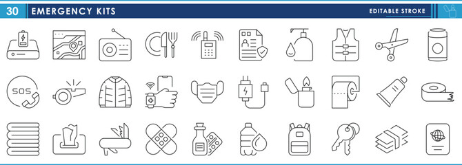 A set of line icons related to Emergency Kits. Documents, medicine, food, hygiene items, charger, and so on. Vector editable stroke.