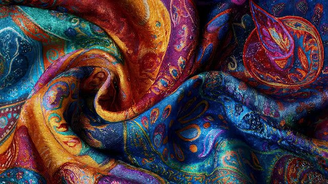 Colorful paisley patterned fabric displays a mesmerizing swirl of rich hues, including blue, red, and orange, creating a dynamic and artistic textile design