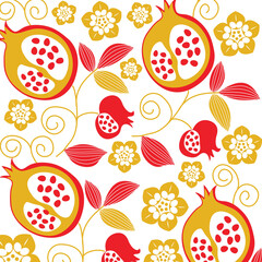 Modern Abstract Pomegranate Pattern with Red, Green and Yellow Flowers – Minimal Decorative Digital Graphic Illustration