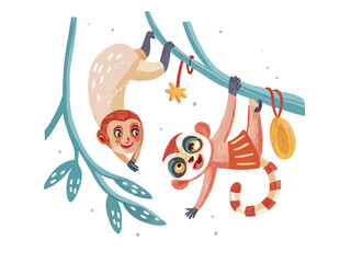 Two cute little baby lemurs hanging from branches in playful mood, concept of vector, naive, clipart hand drawn  