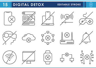 A set of line icons related to Digital Detox. Detoxification from modern technology. Vector editable stroke.