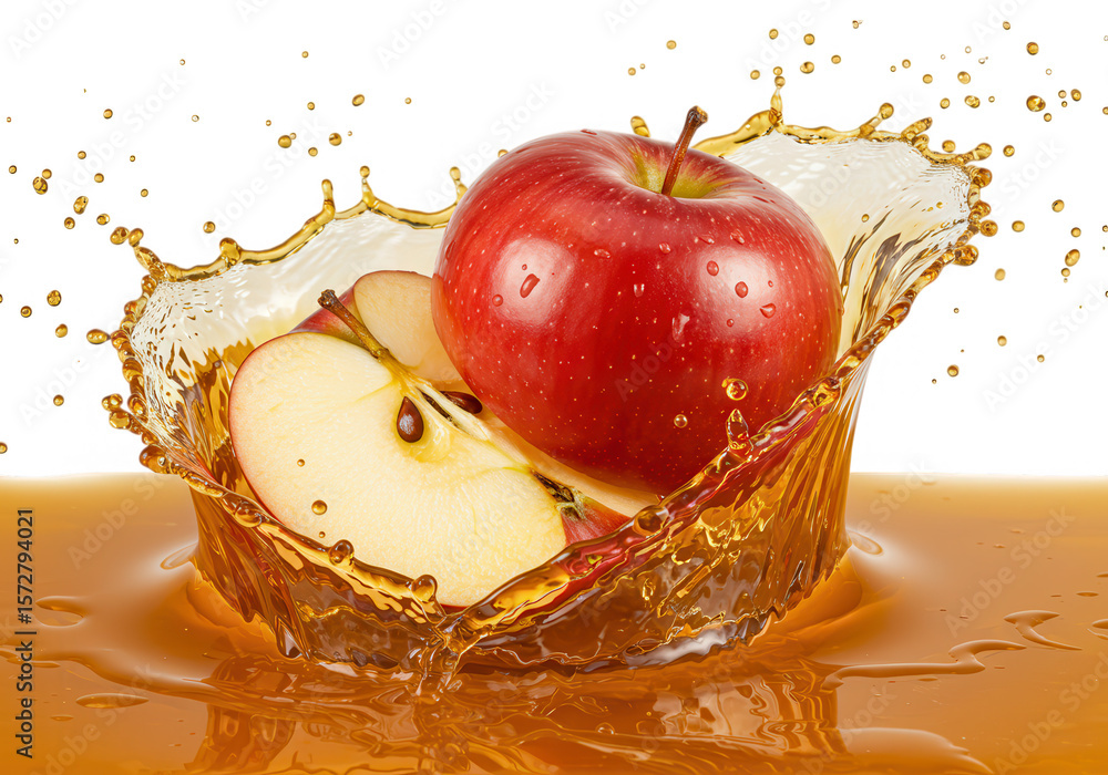 Poster a vibrant red apple and slice create a dynamic splash in golden juice on a transparent background