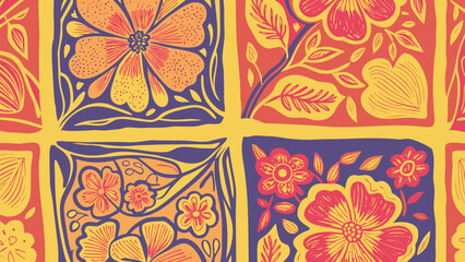 Floral pattern with square tiles featuring stylized flowers and leaves in bold color scheme design