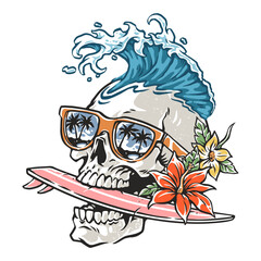 Surfing skull design with tropical elements