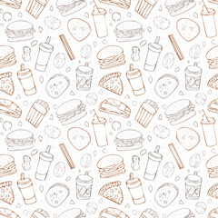 Seamless Vector Design Featuring Hand-Drawn Fast Food Icons, Including Pizza, Burgers, Hotdogs, Ice Cream, and Beverages, Doodle Style Background.