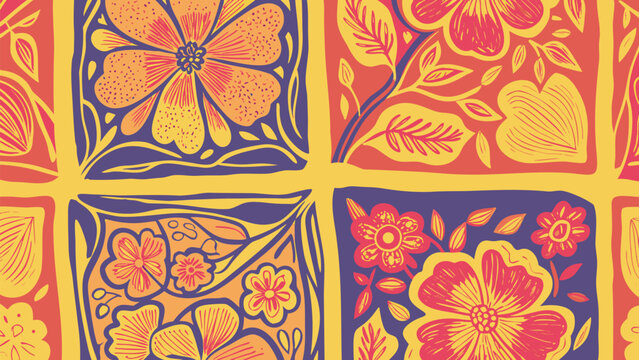 Floral pattern with square tiles featuring stylized flowers and leaves in bold color scheme design