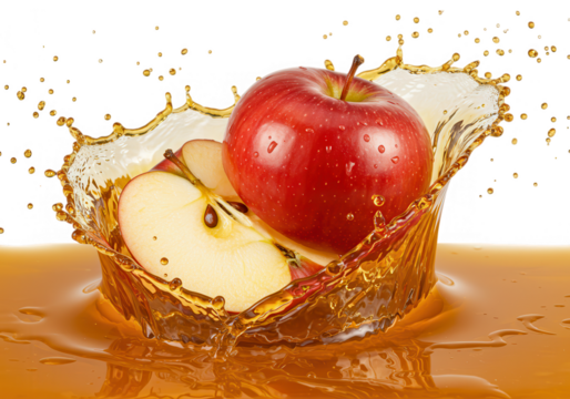 A vibrant red apple and slice create a dynamic splash in golden juice on a transparent background