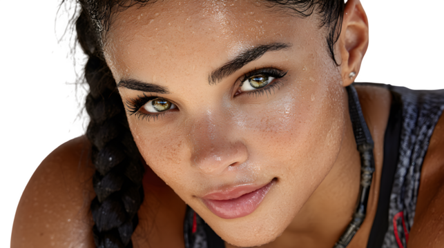 Close up portrait of a fit woman with sweat droplets on her face, transparent background.