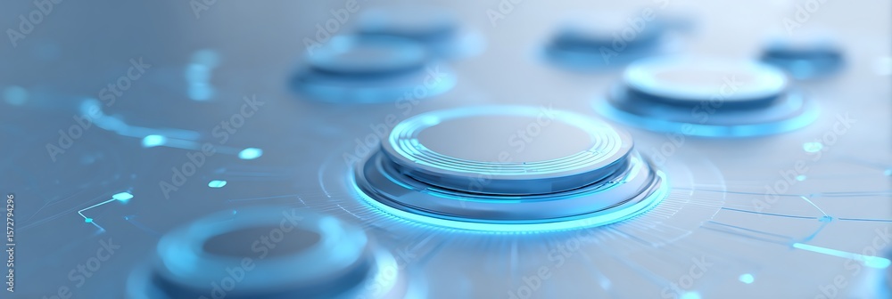 Poster close up of several round buttons with blue glowing edges on a light surface with light streaks
