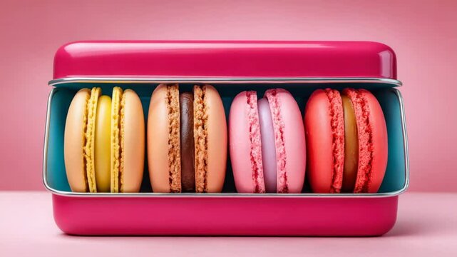 Close-up of a row of brightly colored macarons in a stylish pink metal box. Dessert, sweets, pastry shop. Exquisite French macarons neatly arranged in elegant packaging. Gift, treat, pastry.