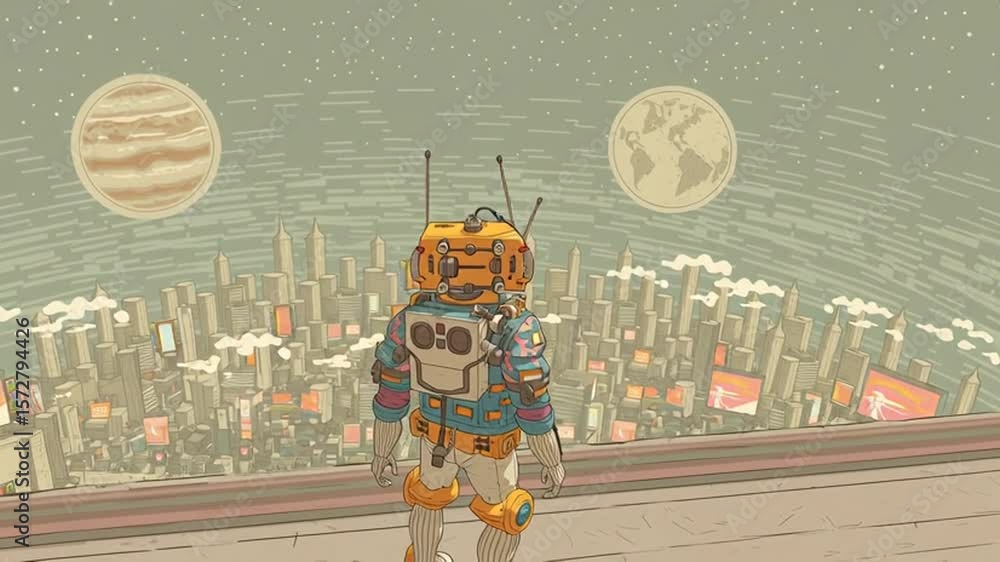 Poster robot explores futuristic city with towering skyscrapers generative ai