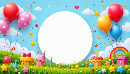 joyful kid friendly birthday setting featuring a central white circle surrounded by animated balloon