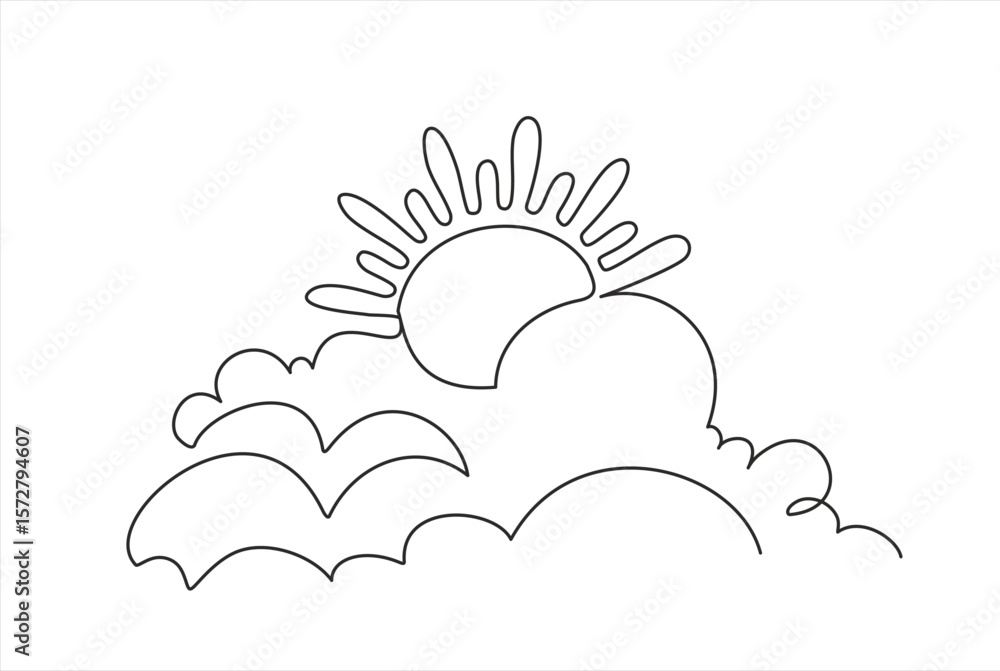 Poster one continuous line drawing of clouds with sun in the sky. weather symbol and storage concept in sim