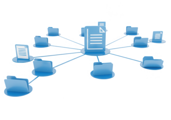 A network of connected files and folders represents data storage and sharing isolated on transparent background