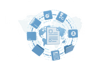 A document surrounded by icons on a world map represents global data management isolated on transparent background