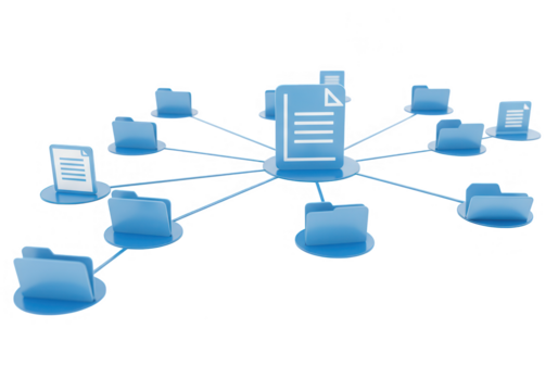 A network of connected files and folders represents data storage and sharing isolated on transparent background