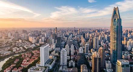 Fototapeta premium Aerial View, Urban Landscape, City Skyline, Sunset, Modern Architecture, Vibrant Atmosphere