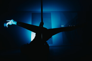 A captivating image of a dancer showcasing their skill and elegance in pole art. The deep blue...