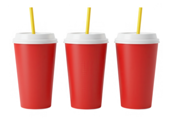 Three identical red soda cups with yellow straws stand in a row isolated on transparent background