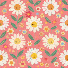 Seamless vector pattern with cute flower character in retro style. Abstract groovy daisy with smiling face on pink background. Funky plant texture in 70s design for wallpaper, textile, wrapping ...