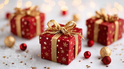 Three red and gold Christmas gifts with shiny gold bows on a white background, festive holiday decor.
