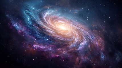 A vibrant spiral galaxy swirls with blues, purples, and oranges, its core glowing brightly against a backdrop of scattered stars and dark nebulae