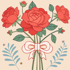 Hand drawn red rose flower with cute ribbon bow. Line art botanical drawing for tattoo, card design. Coquette style floral illustration. Vector ...