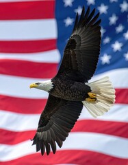 Bald Eagle in Flight with a Soft American Flag in Background, Depicting Power, Freedom, and the Sacred Spirit of National Independence