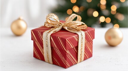 Red gift box with gold bow on white background, isolated holiday or celebration present.