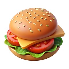Stylized 3d render of a cartoon hamburger with sesame seeds and fresh ingredients