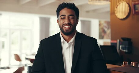 Hotel, happy and face of businessman in lobby on tablet for online booking, networking and seminar. Work trip, hospitality and portrait of person on tech for conference, schedule and corporate event