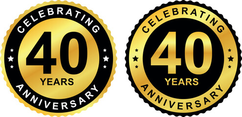 Celebrating 40 years anniversary badges in gold and black round design, ideal for milestones and commemorative events	