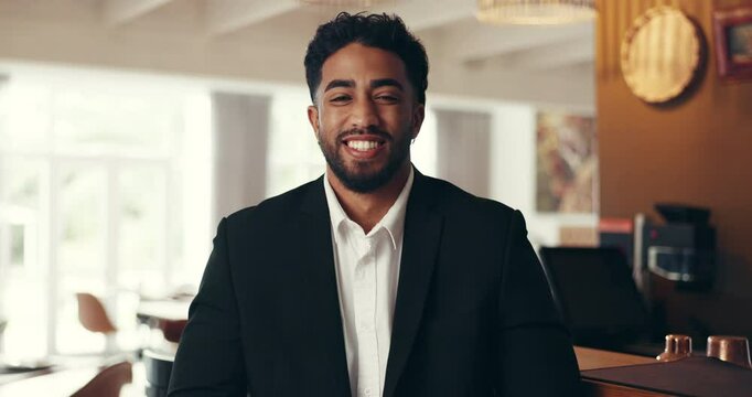 Hotel, happy and face of businessman in lobby on tablet for online booking, networking and seminar. Work trip, hospitality and portrait of person on tech for conference, schedule and corporate event