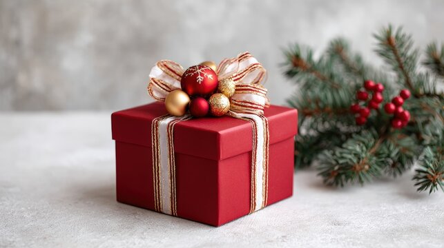 Red gift box with gold bow and holiday ornaments on white background, festive decoration for Christmas. - Powered by Adobe