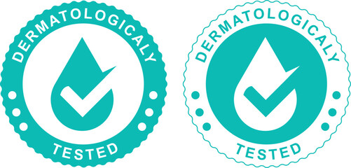 Dermatologically tested badges with drop and checkmark icons in teal for skincare and cosmetic use  © Abduls