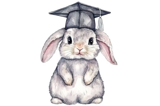 Watercolor cartoon illustration of fluffy bunny wearing graduation cap, designed with cute and cheerful atmosphere on white background