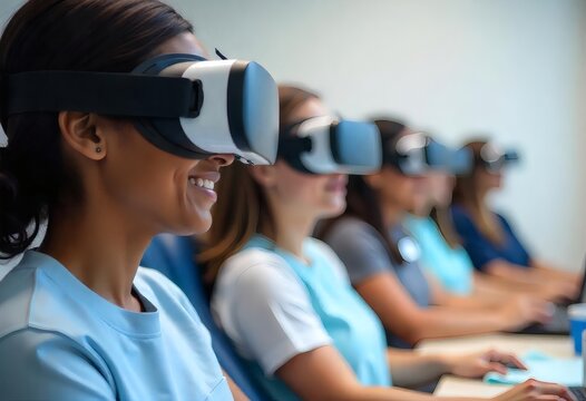 A close-up of a diverse group of dental students, including African American, Asian, and Hispanic individuals, using virtual reality headsets to simulate dental procedures in a high-tech classroom
