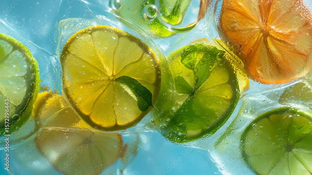 Poster fresh citrus slices floating in sparkling water on a sunny day generative ai