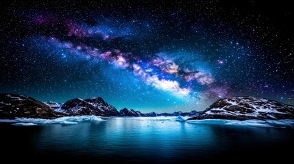 Naklejka premium A breathtaking panoramic view of the Milky Way galaxy arching over a serene frozen arctic sea coast with snow capped mountains under a vibrant starlit night sky.