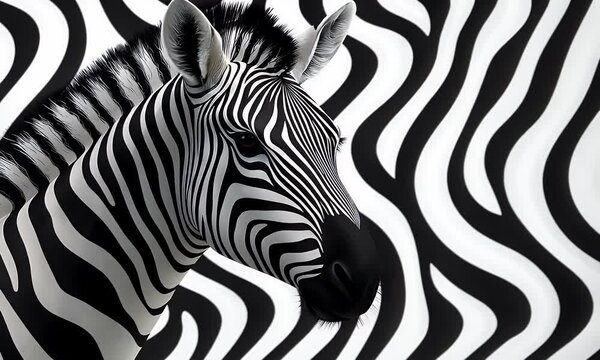 Striking close-up of a zebra against a swirling black and white background, showcasing nature's beauty