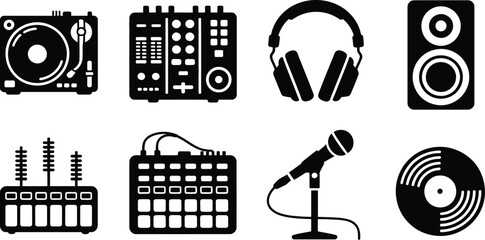Collection of black music production and dj equipment icons on white background