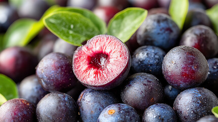 Fototapeta premium A vibrant display of fresh plums with green leaves, showcasing their rich color and juicy texture, perfect for healthy eating.