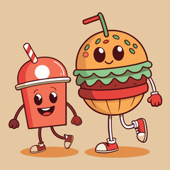 Anthropomorphic Cartoon Hamburger and Soda Cup Illustration