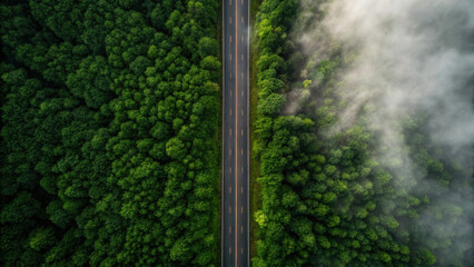 Aerial view of a winding road through a lush green forest shrouded in mist