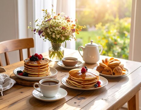 Flat lay photograph of a rustic breakfast spread on a wooden table. Warm, inviting colors, soft cinematic lighting from a nearby window. Focus on intricate details of a stack of fluffy pancakes with b