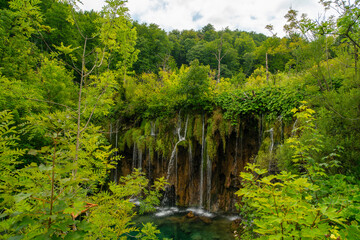 beautiful landscape with waterfalls flowing through green vegetation