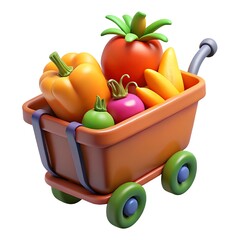 Colorful cartoon vegetables in a small orange garden cart on white background