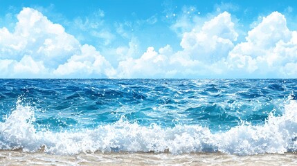 Obraz premium A vibrant watercolor painting depicts a serene ocean scene with gentle waves lapping a sandy shore under a bright blue sky dotted with fluffy white clouds creating a peaceful and