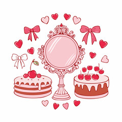 Set of coquette girly elements in pink and red color. Vintage mirror, cake, bear toy, telephone, bows, cherry in hand drawn outline style. Cute romantic accessories. Vector graphic
