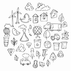Vector set of simple ecology doodles. Alternative energy, nature protection, water and air pollution, trash recycle, green technology illustrated in child sketch style. Cute outline eco ...